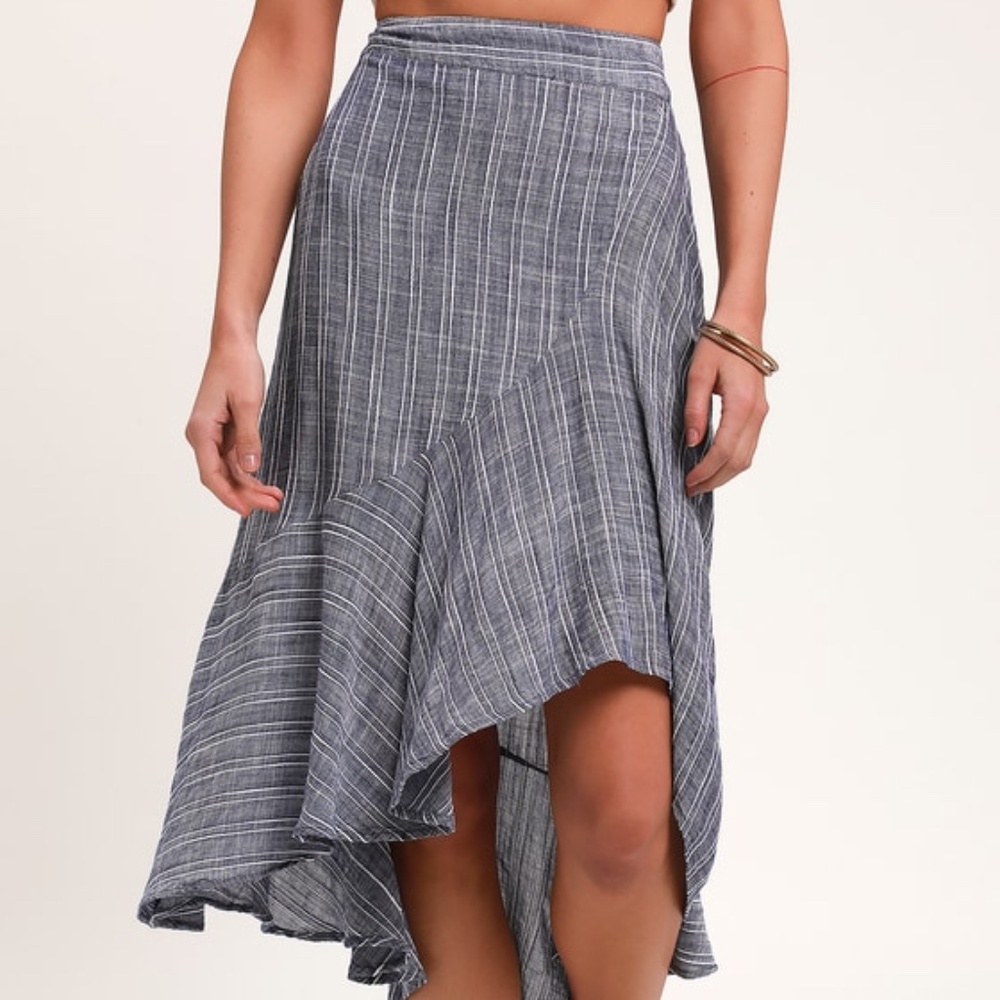 Lulus By The Bay Washed Blue And White Striped Ruffled Midi Skirt - Size S